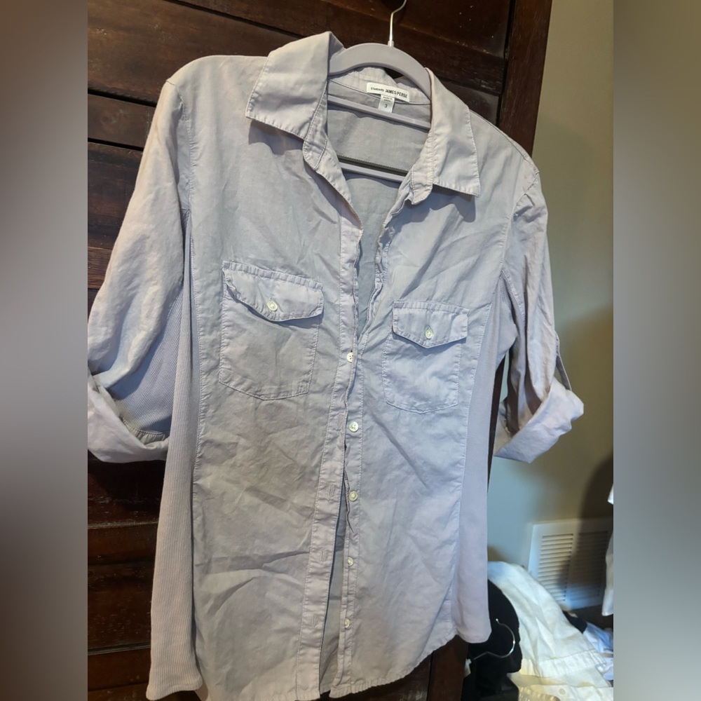 James Perse Contrast Side Panel Three-Quarter Sleeve Button-Up Gray Size 3 - Picture 3 of 7